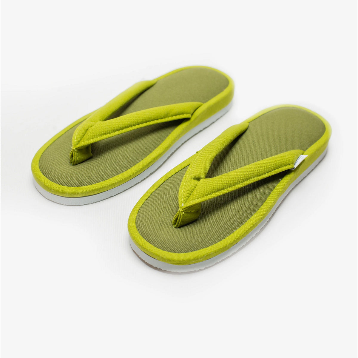 Olive green canvas zori room sandals, angled view #Color_Olive Green