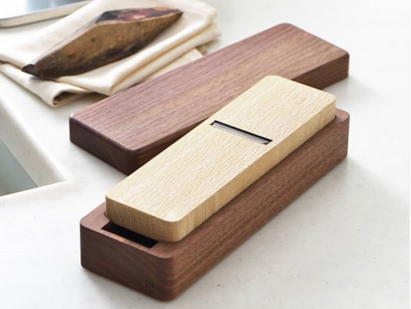 Daiya katsuobushi shavers in beech and walnut, with the plane and shaved bonito flakes