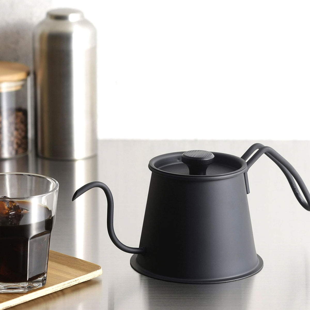 Matte black Two Drip Pot Pro with a coffee mill and iced coffee