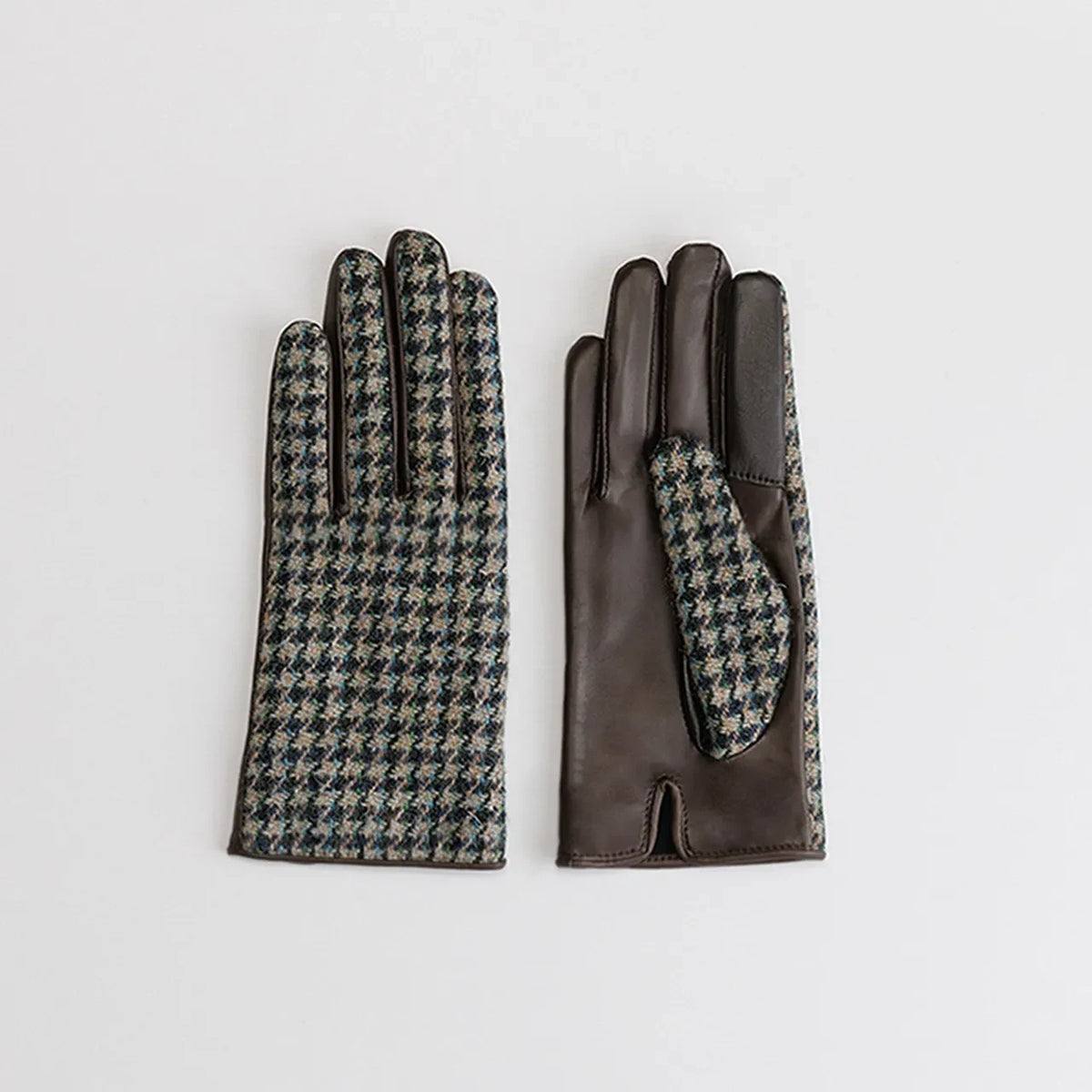 Kuroda women’s Harris Tweed and leather gloves in beige 2 #Color_Beige 2