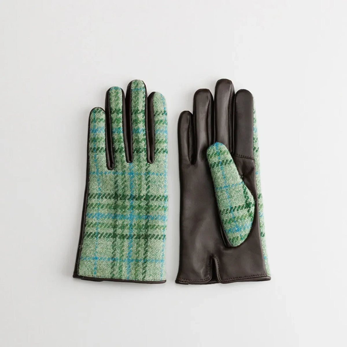 Kuroda women’s Harris Tweed and leather gloves in light green 3 #Color_Light Green 3