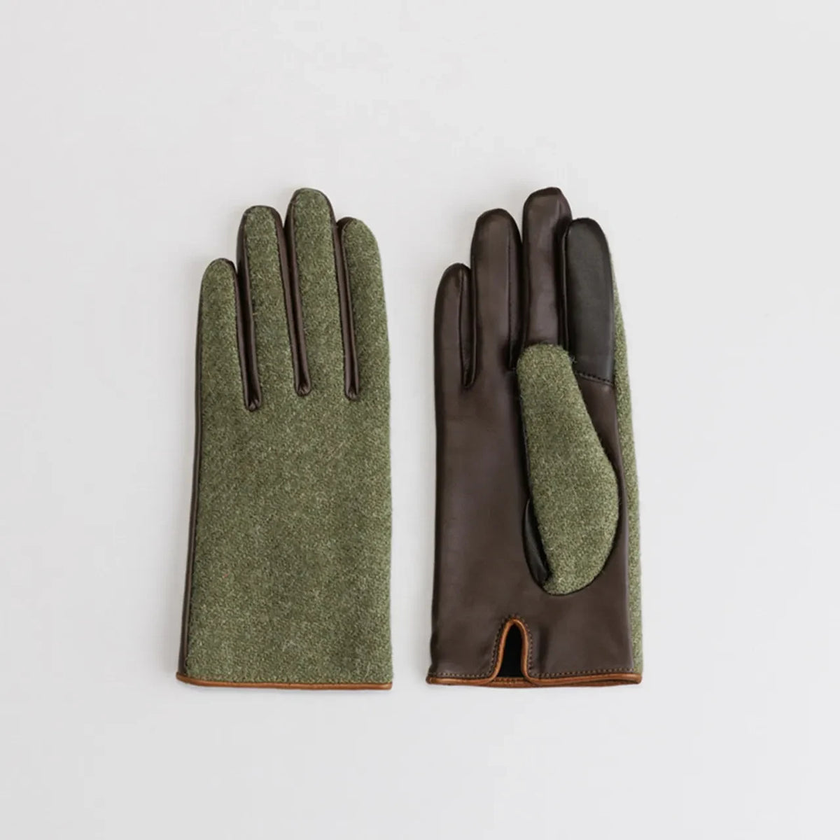 Kuroda women’s Harris Tweed and leather gloves in light green 2 #Color_Light Green 2