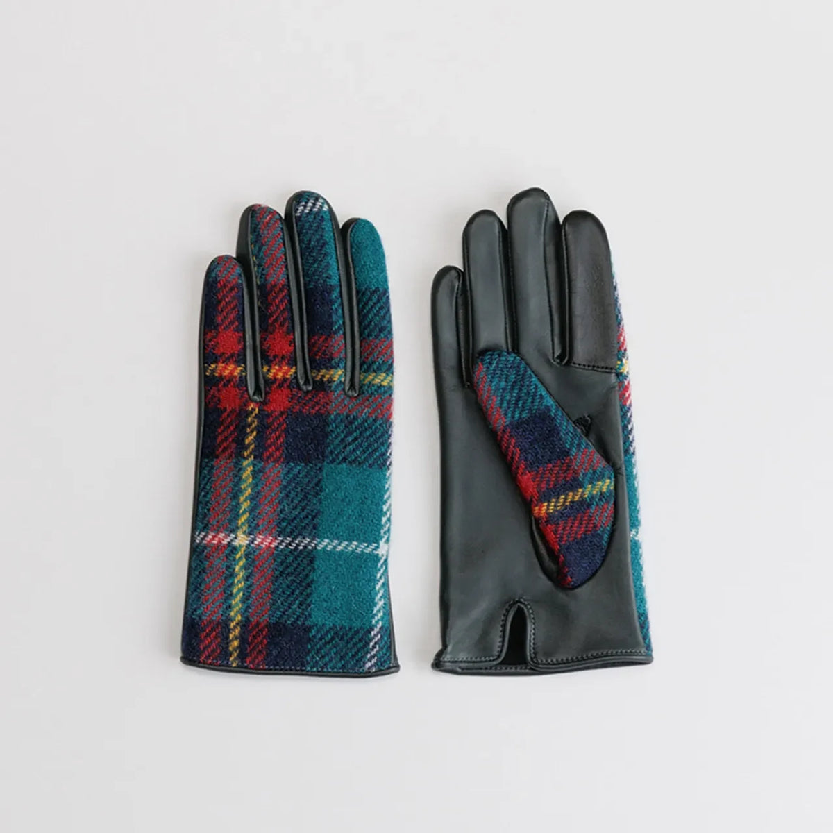Kuroda women’s Harris Tweed and leather gloves in turquoise #Color_Turquoise