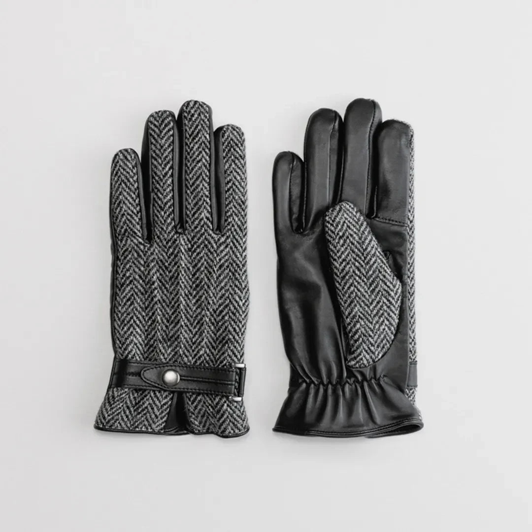 Kuroda men’s Harris Tweed and leather gloves in herringbone gray #Color_Herringbone Gray
