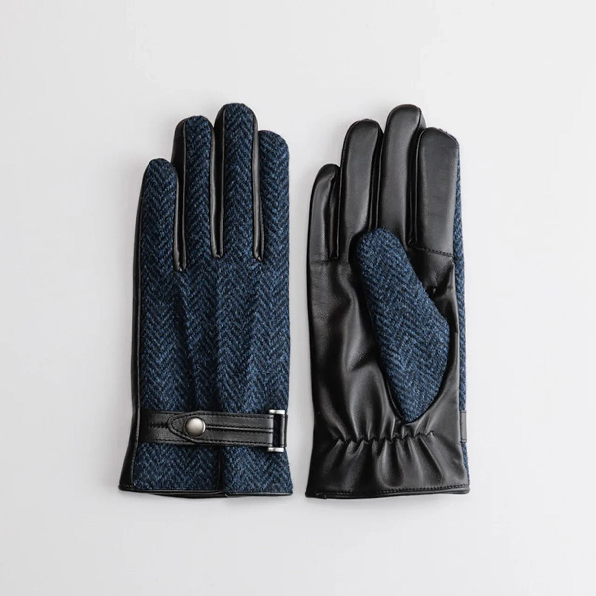 Kuroda men’s Harris Tweed and leather gloves in herringbone navy #Color_Herringbone Navy
