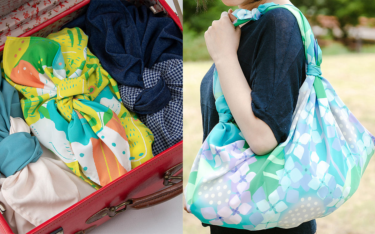 NAGARE furoshiki used as a bag and rain cover