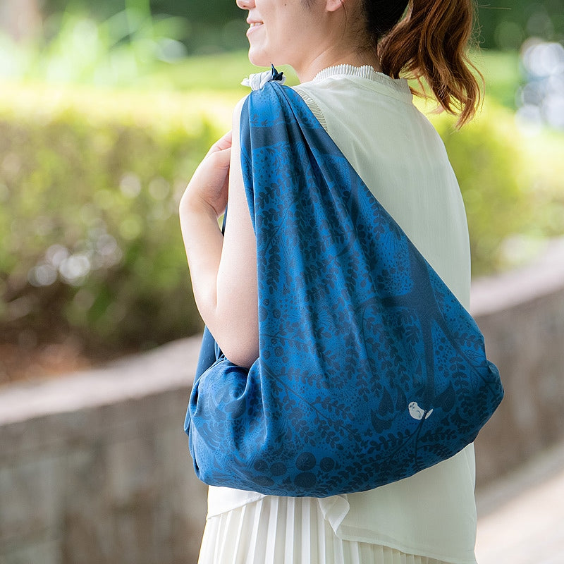 NAGARE furoshiki in Night Forest pattern tied as a shoulder bag #Pattern_Night Forest