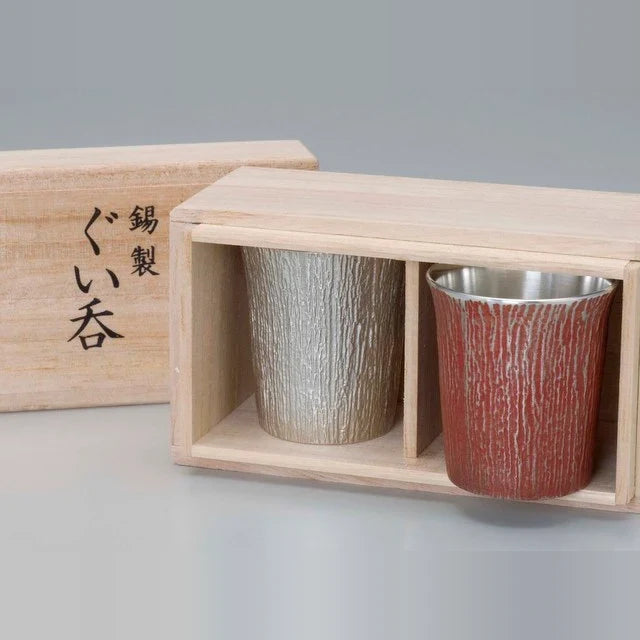 Two tin guinomi in a paulownia wood pair box