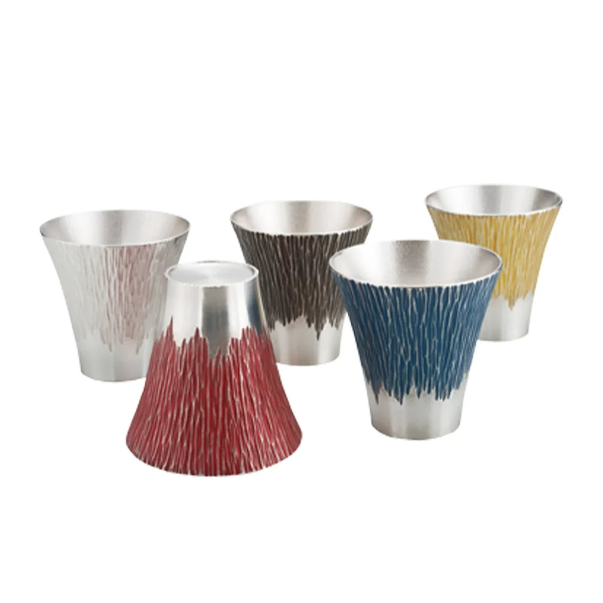 Mt. Fuji tin tumblers in red, blue, silver, yellow and black