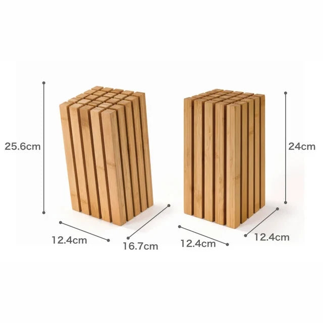 Sizes of the TEORI SPLIT knife stands: straight 12.4 x 12.4 x 24 cm, angled 12.4 x 16.7 x 25.6 cm