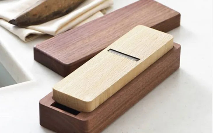 Daiya katsuobushi shaver in beech and walnut with freshly shaved bonito flakes