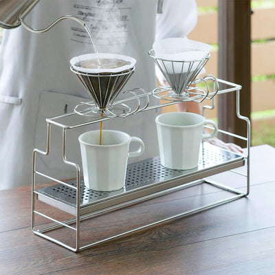 Stainless steel dripper stand with drippers, cups and a server