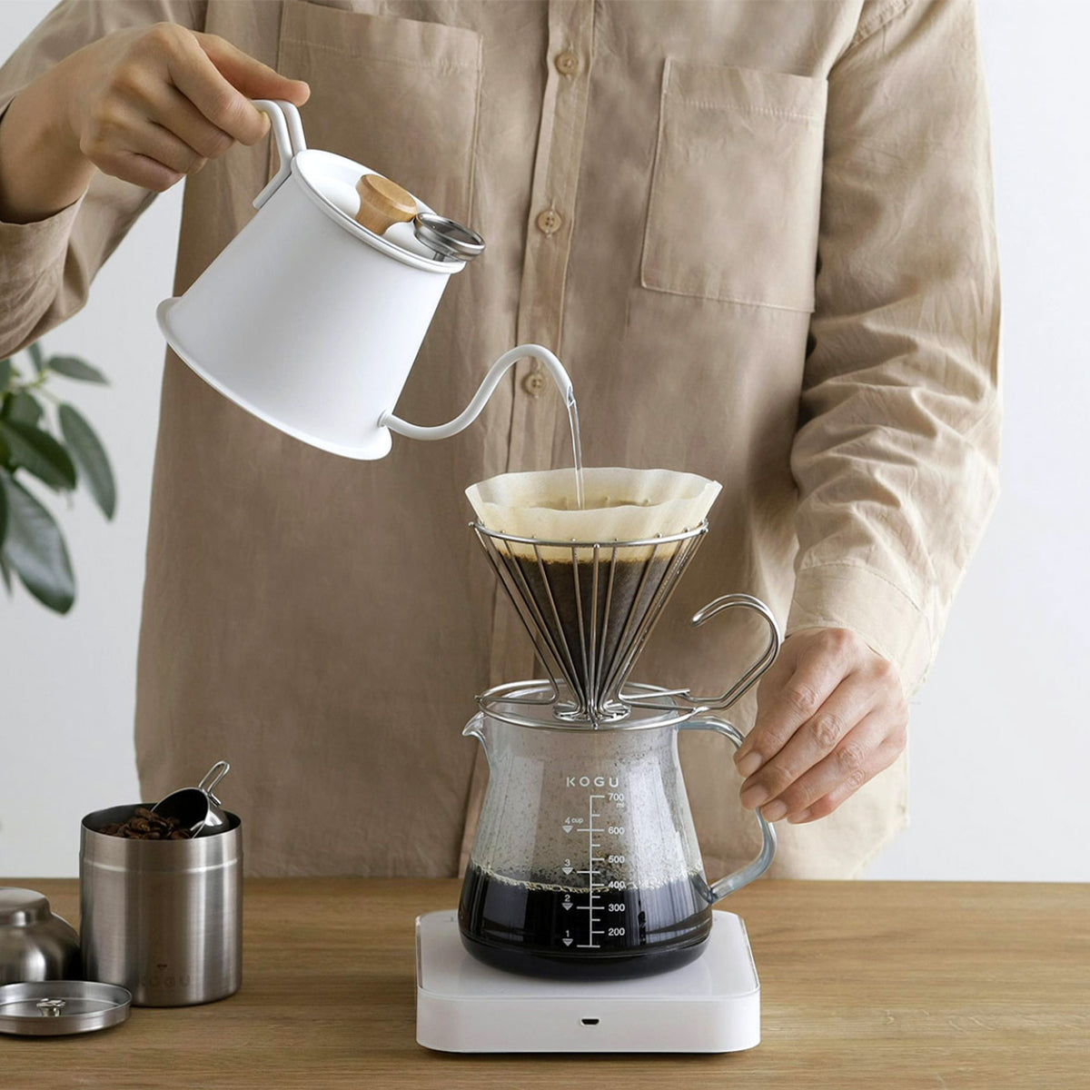 Pour-over brewing with the matte white Two Drip Pot Pro