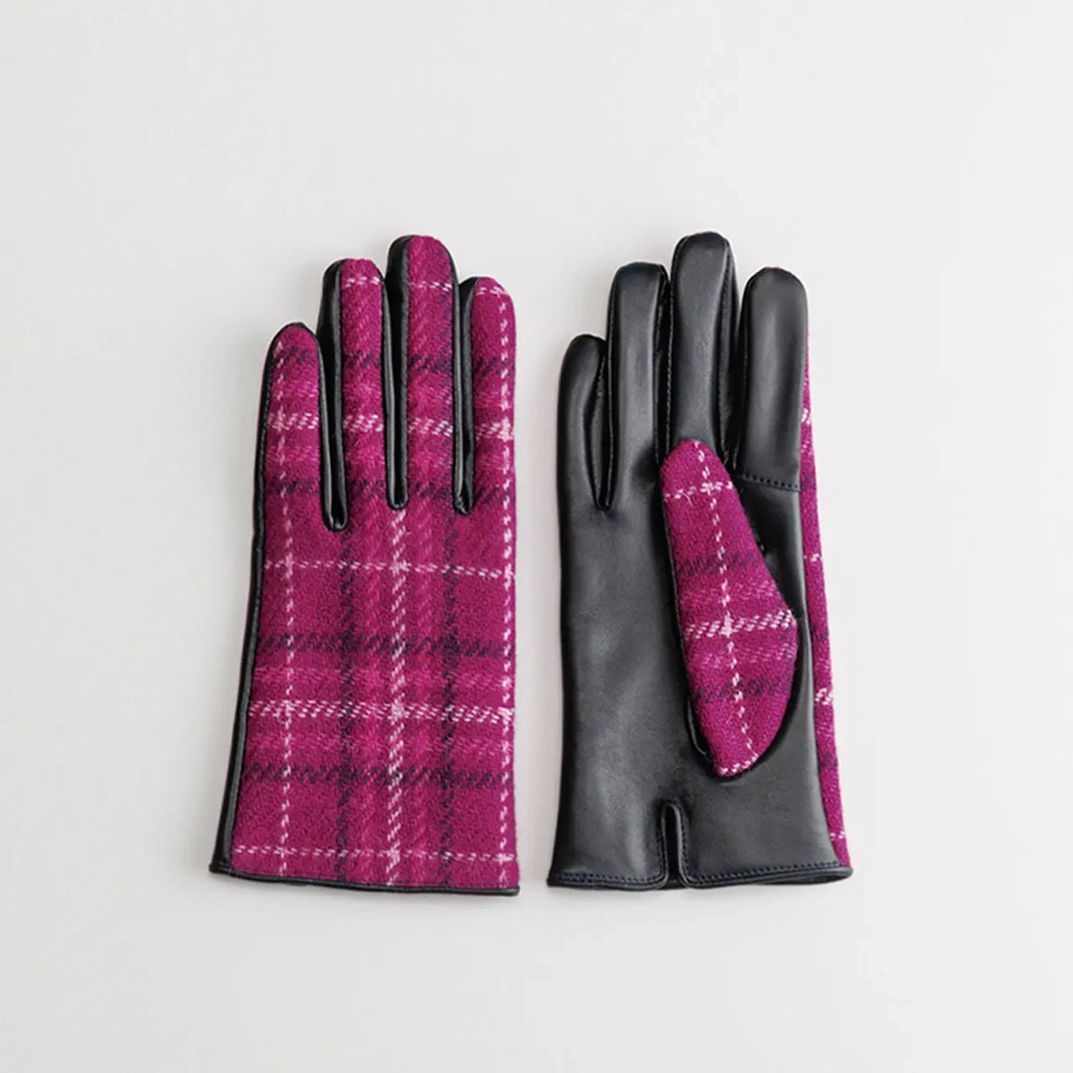 Kuroda women’s Harris Tweed and leather gloves in pink 3 #Color_Pink 3