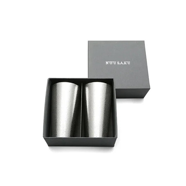 Pair of tin beer cups in a black paper gift box