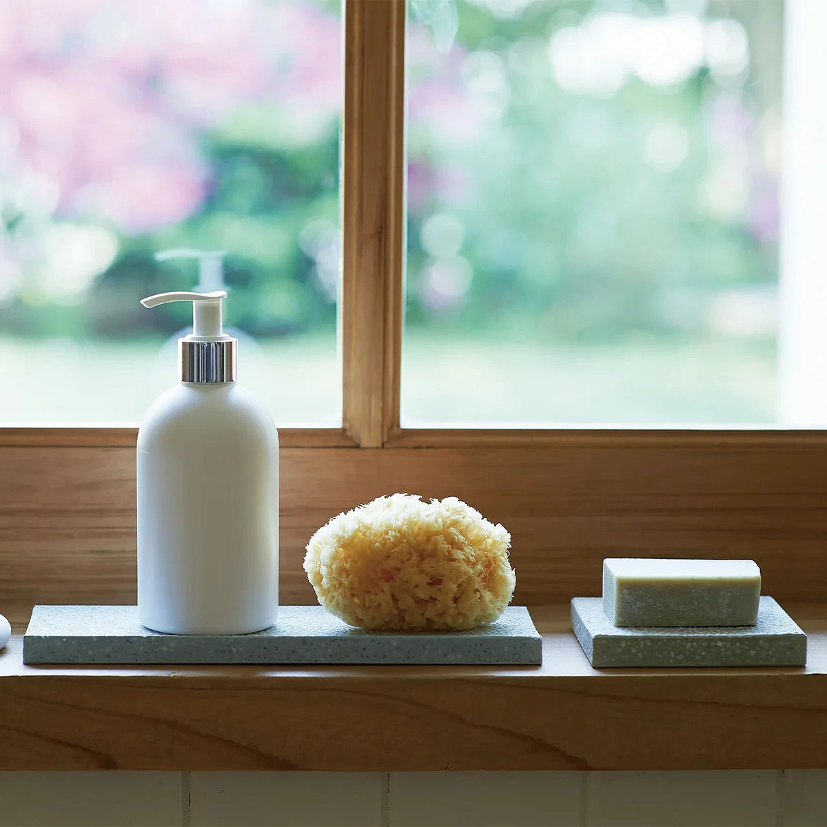 soil trays on a windowsill with soap and a dispenser